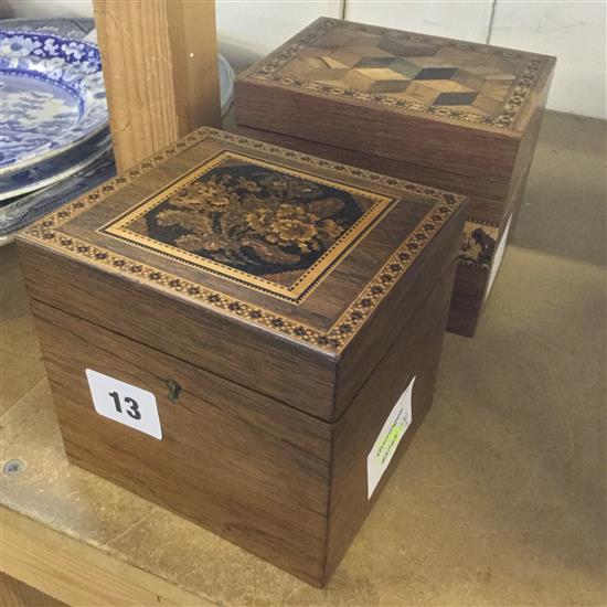 Tunbridge Ware rosewood perspective cube box and a floral mosaic box